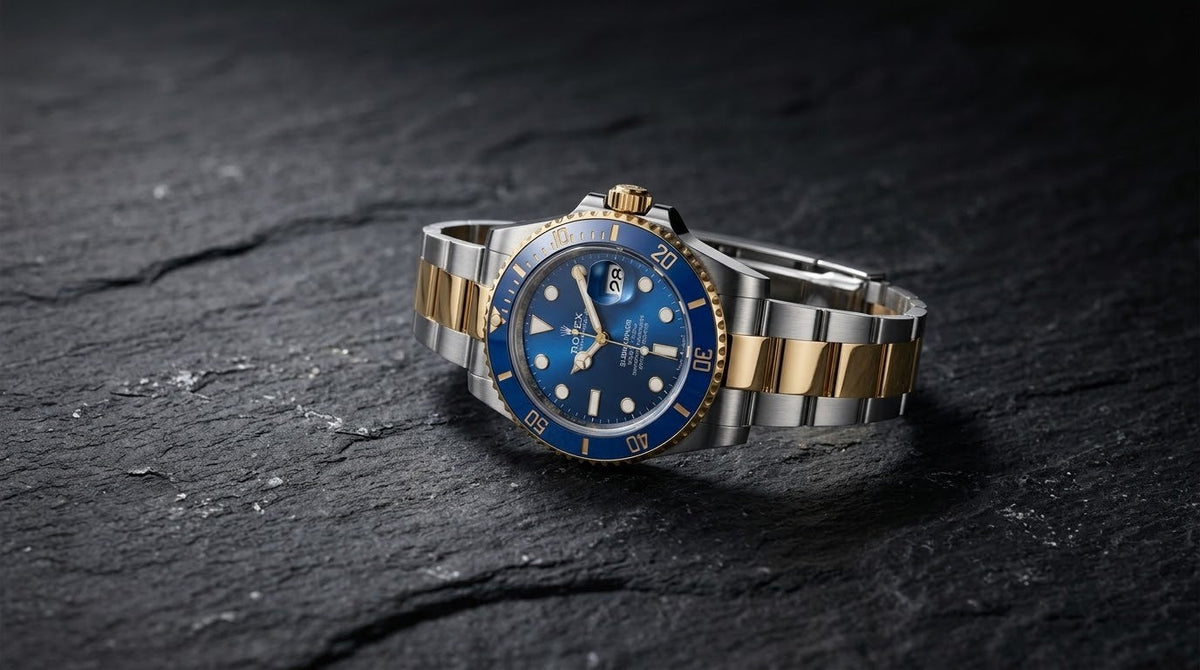 Two-tone Rolex Submariner Date with blue dial and blue ceramic bezel, available pre-owned at Dial Society