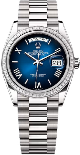 Rolex Day-Date 36 36mm Blue Ombré Roman Dial Diamond-Set Bezel President Bracelet - 128399TBR | 2025 Model