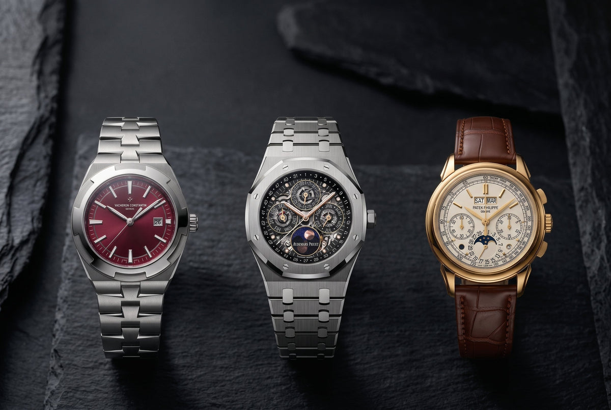 Vacheron Constantin Overseas, Audemars Piguet Royal Oak perpetual calendar, and Patek Philippe split-seconds chronograph, the Holy Trinity of watchmaking