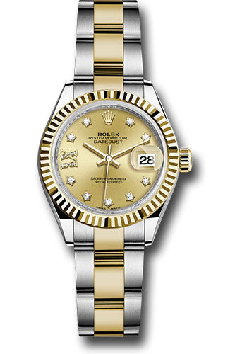 Rolex Steel and Yellow Gold Rolesor Lady-Datejust 28 Watch - Fluted Bezel - Champagne Diamond Star Dial - Oyster Bracelet - 279173 ch9dix8do