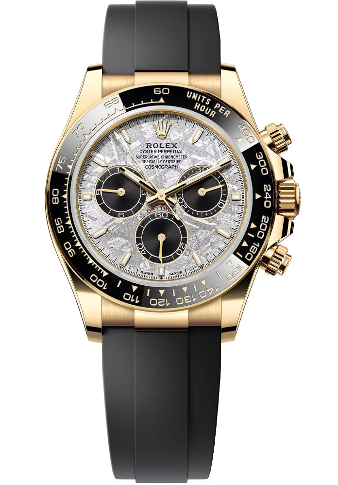 2026 - Rolex Yellow Gold Cosmograph Daytona 40 Watch - Meteroite and Black Index Dial - Black Oysterflex Strap - 126518LN